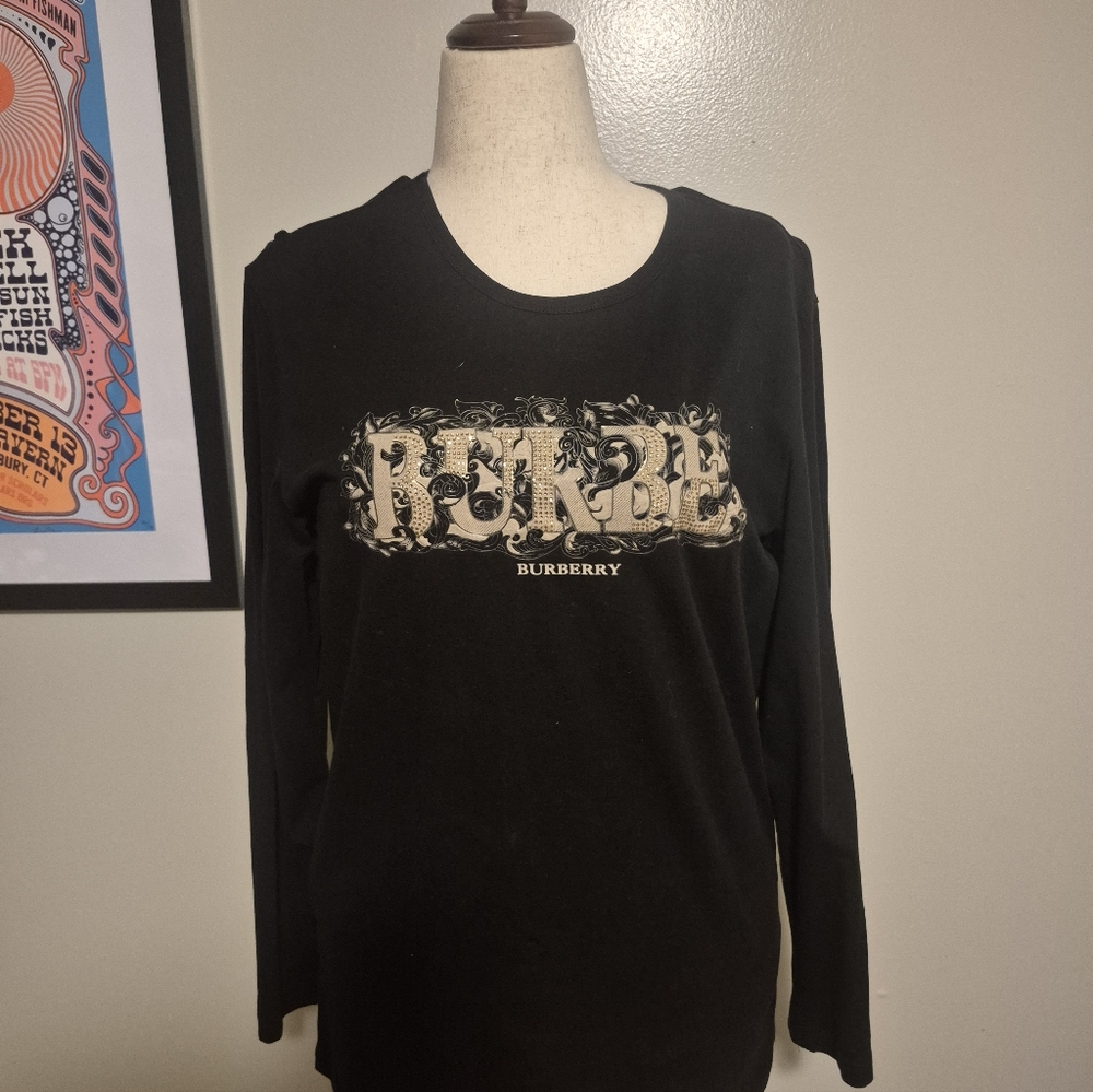 Burberry BRIT Black and Gold Embellished Logo XXL Long Sleeve Tee